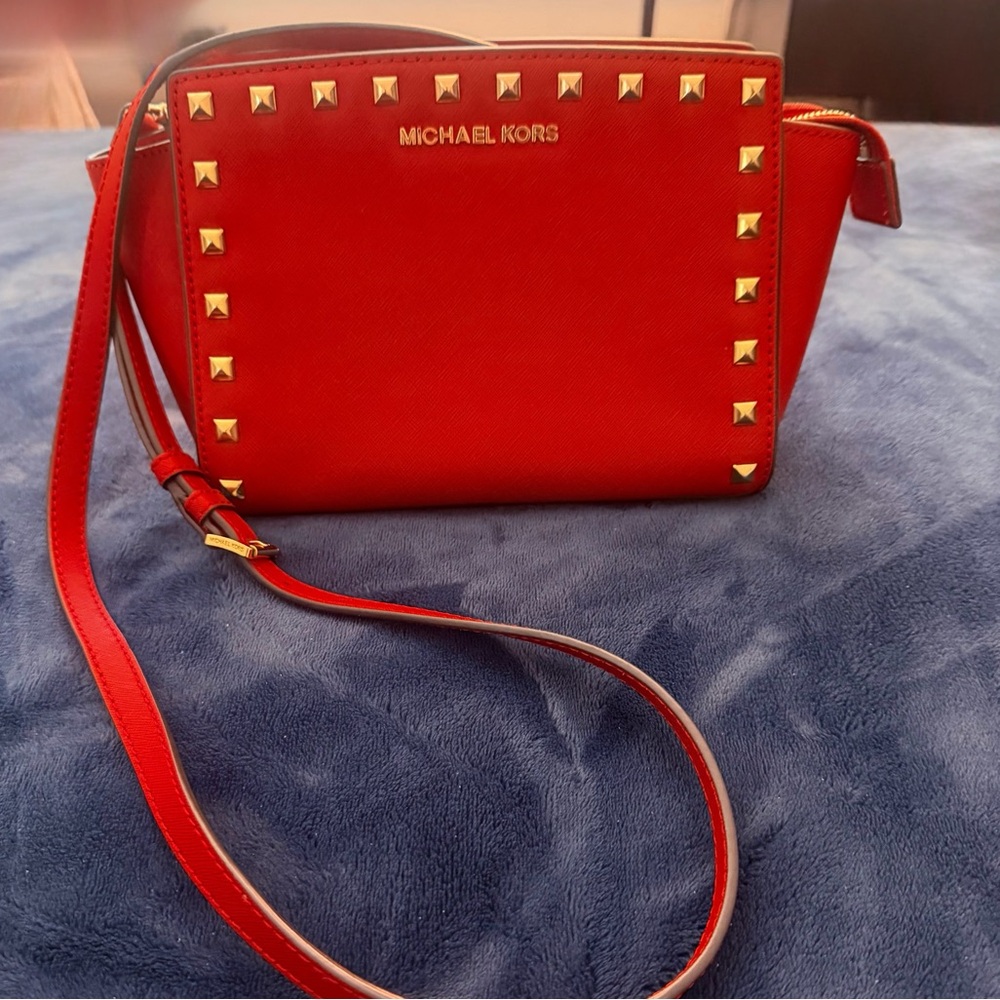Michael Kors Red Studded Satchel Handbag Gold Hardware Logo Plate